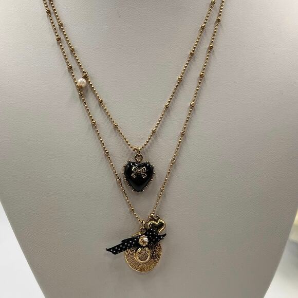 Betsey Johnson Double strand Beaded Chain Sunhat Black Bow‎ Heart Necklace - Picture 2 of 9